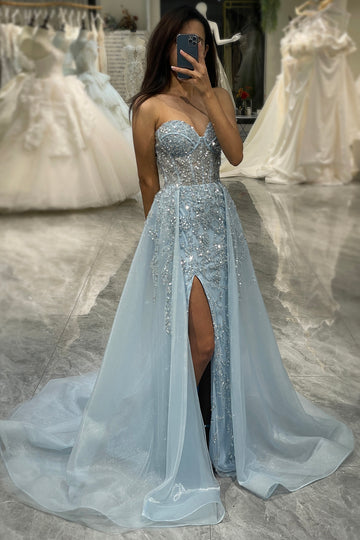 Glitter Strapless Blue Tulle A Line Prom Dress with Beading